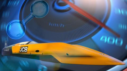 JCB's Hydromax in front of a speedometer aproaching 400mph.