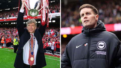 Arsene Wenger in a suit and Fabian Hurzeler in a Brighton puffer jacket