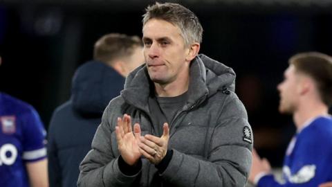 Ipswich boss Kieran McKenna claps the home fans after a 1-0 win over Stoke City in the Championship