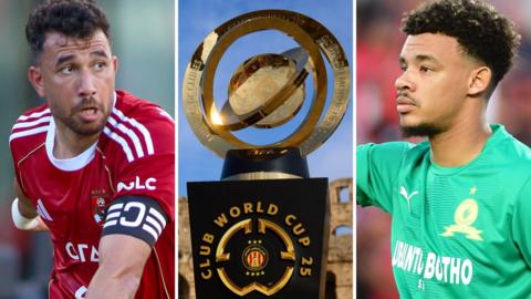 A triptych showing Trezeguet playing for Al Ahly, the Club World Cup trophy on a plinth and Ronwen Williams playing for Mamelodi Sundowns