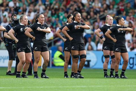 New Zealand women's rugby team doing the haka before the game with Ireland at the Rugby World Cup on 7 September 2025.