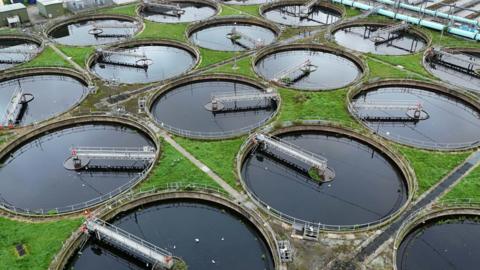 An aerial picture taken with a drone shows the Thames Water Mogden Sewage Treatment Works in London