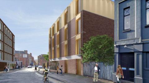 Computer image of brick-built four-storey flats with wooden window frames. There is a fenced-off area to the right of the flats with trees behind it. There are more flats across the road. Several people are walking on a wide pavement and one person is cycling on the adjacent road.