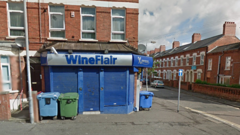 A Google Maps screenshot of a WineFlair in Agincourt Avenue in south Belfast. It shows a blue and silver building near a red-brick terrace houses.