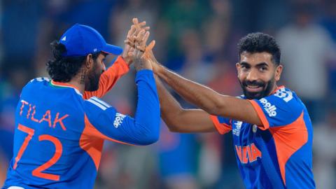 Jasprit Bumrah and Tilak Verma celebrate wicket