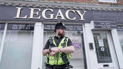 Police outside the Beckside branch of Legacy Independent Funeral Directors in Hull after after reports of "concern for care of the deceased". March 9, 2024
