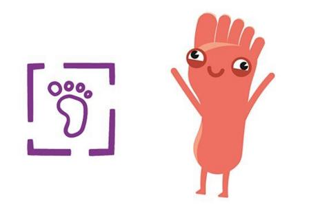 A pink cartoon foot with a smiling face and arms and legs.