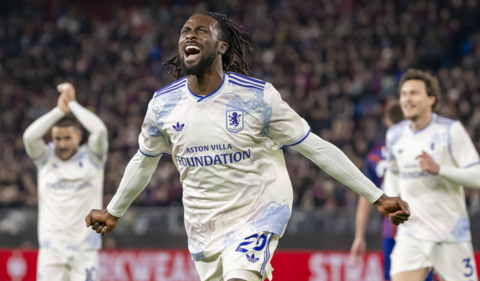 Evann Guessand celebrates scoring for Aston Villa against Basel in the Europa League