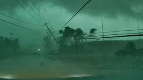 A power line is on the ground after a tornado.