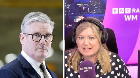 Composite image of Sir Keir Starmer and BBC Radio WM presenter Kath Stanczyszyn, who is pictured wearing headphones and speaking into a purple microphone