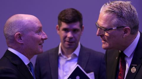 Football Review Committee chairman Jim Gavin (left) talks to GAA president Jarlath Burns at Saturday's GAA Special Congress at Croke Park as another FRC member Eamonn Fitzmaurice is in the background