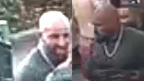 Two very blurry side by side CCTV images of the same man. He appears to be mixed race and has alarge and muscular build. He is bald with a full beard.