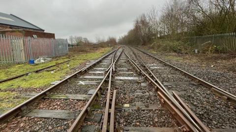 Section of three railway tracks with grass on the left hand side of the image next to a fence. There are trees in the background.
