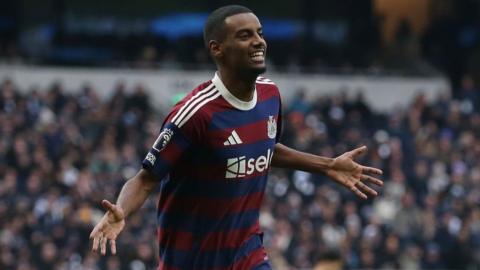 Newcastle United striker Alexander Isak celebrates scoring their second goal in the win versus Tottenham Hotspur