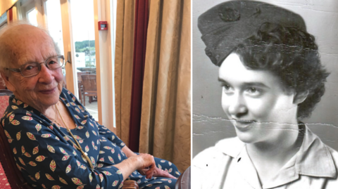 Two images side-by-side - on the left Jane as a very old lady is sitting at a table in a room with patio doors leading outside. She is smiling to camera and is wearing a navy floral dress and steel-framed glasses.