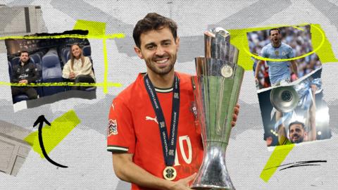 Bernardo Silva holding the Uefa Nations League trophy in a Portugal home kit for the Football Interview