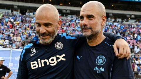 Enzo Maresca and Pep Guardiola with arms around each other
