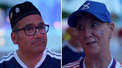 On the left, a man with black glasses wears a blue hat. On the right, a woman wears a hat with the Scottish flag.