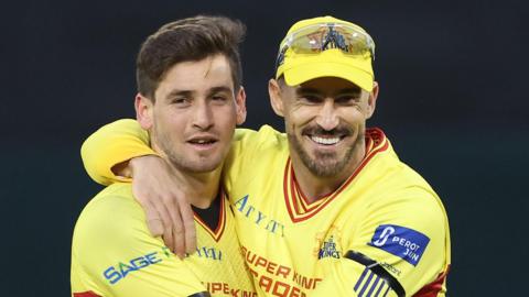 Texas Super Kings' Noor Ahmad celebrates with Faf du Plessis