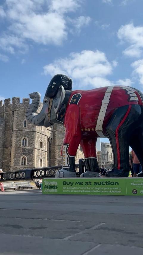 An elephant statue sits next to Windsor Castle.