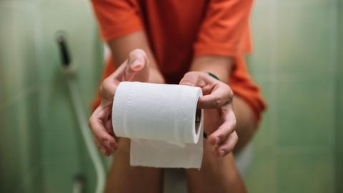 Woman sitting on toilet holding toilet paper roll - stock photo