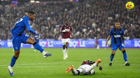Bournemouth's Rayan has a shot blocked by West Ham's Soungoutou Magassa