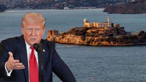 A combined image of President Donald Trump talking at a podium, with a picture of an island with a building on in the background 