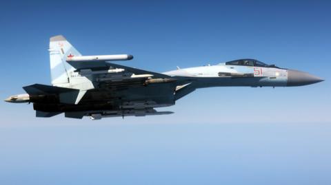 A Russian SU-35 jet flies over the Black Sea where it intercepted a RAF Rivet Joint spy plane.