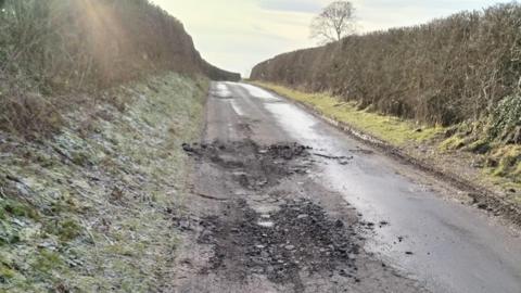 Shot of a narrow road with two large potholes in the foreground. There is an embankment on one side of the road, which is on an incline. There is a lone tree at the top.