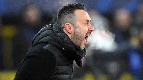 Roberto De Zerbi shouts instructions to his players during the Champions League match against Club Brugge in January