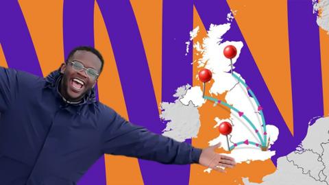 Newsround presenter De-Graft next to a map of the UK