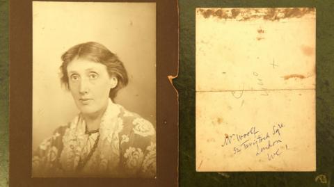 An image of Virginia Woolf on left and on right a signed inscription by her