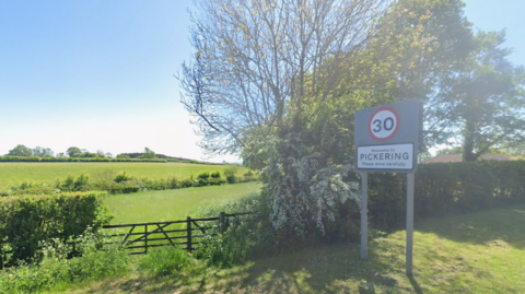 In the foreground on the right is a grey roadside sign mounted on two metal posts. At the top of the sign is a red‑ringed circular speed limit symbol displaying 30. Below it, printed in black text on a white background, are the words Welcome to Pickering and Please drive Carefully. The sign stands on a grassy verge next to trees and hedgerow. To the left of the sign, a wooden farm gate set into a hedgerow opens onto open countryside. 