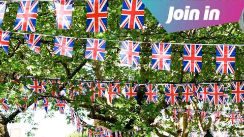 Bunting hanging up across trees outside.