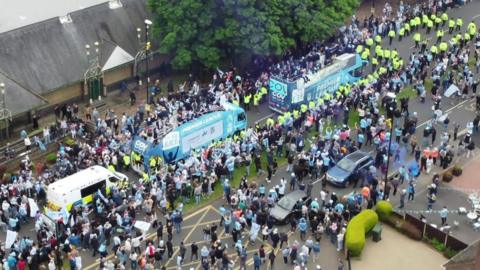Aerial view of bus parade