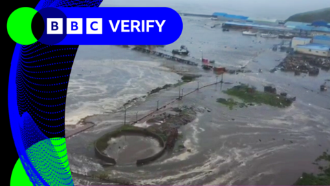 Drone footage taken from Russia it shows the sea with water encroaching the land and features - which are hard to make out - submerged.