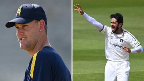A split picture showing Australia all-rounder Beau Webster on the left with Pakistan bowler Hasan Ali appealing for a dismissal on the right