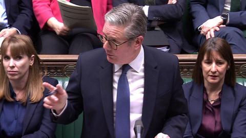 Sir Keir Starmer in the Commons for Prime Minister's Questions, with Rachel Reeves sitting to his left and Angela Rayner sitting to his right