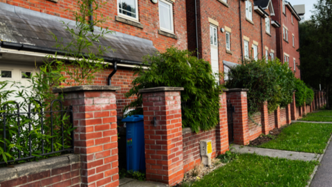 A row of three-storey houses with brick fences and green bushes out the front