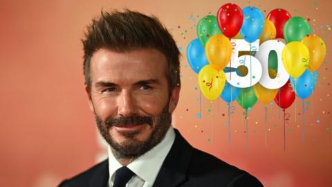 A picture of David Beckham smiling next to a graphic of the number 50 surrounded by balloons. 