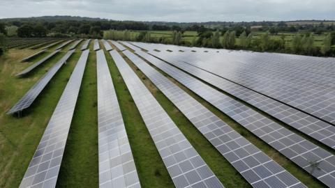 A solar farm on a field, with rows and rows of panels stretching into distance