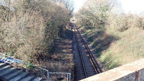 A photo taken from a bridge looking down at a straight stretch of single rail track with embankments covered with trees on both sides