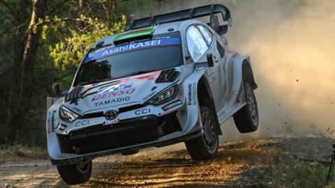 Elfyn Evans' Gazoo Racing Toyota Yaris leaves a trail of dust at Acropolis Rally Greece 2025