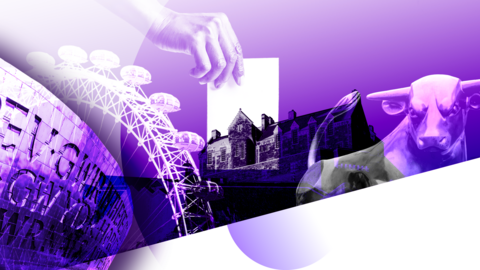 A edited image with a purple overlay showing Holyrood, the Wales Millennium Centre in Cardiff, the London Eye and the Bullring statue in Birmingham