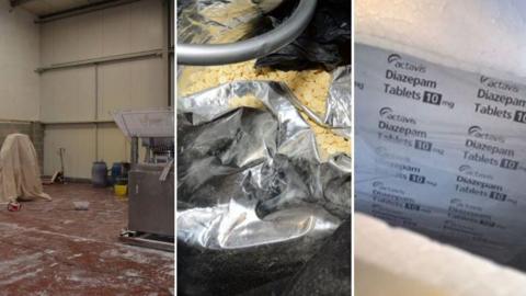 A composite image showing the inside of the industrial unit with machinery and some of the tablets wrapped in a foil bag and a packet of drugs marked Diazepam