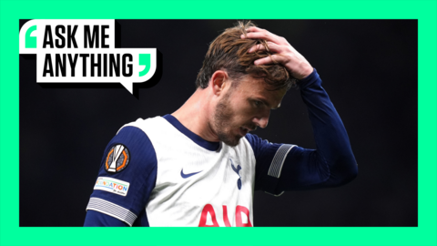 A dejected James Maddison playing for Tottenham with the Ask Me Anything banner