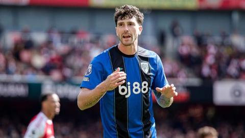 Marcos Senesi reacts to an incident on the pitch in the win at Arsenal