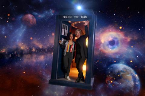 Bill (Pearl Mackie) and The Doctor (Peter Capaldi) stood in the open doorway of the Tardis in space