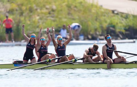 Great Britain's Francesca Allen, Giedre Rakauskaite, Josh O'Brien, Ed Fuller and Erin Kennedy celebrate winning gold in the PR3 Mixed Coxed Four Final at the Vaires-sur-Marne Stadium on day four of the Paris 2024 Summer Paralympic Games. 