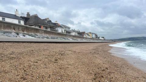 Shingle on a beach. Houses are peering over the top of a sea wall above the beach. Waves are lapping on the shore. The sky is grey.